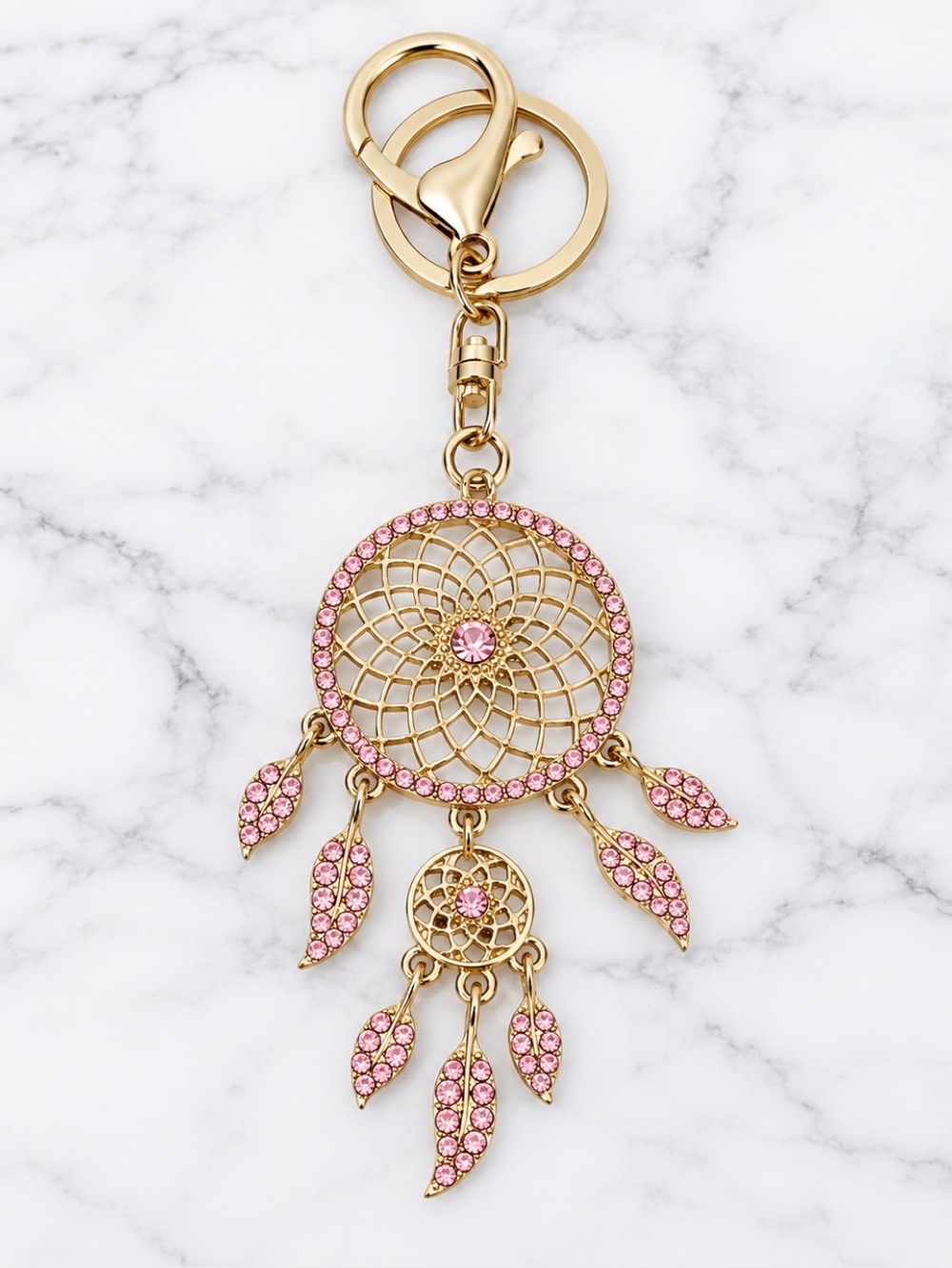 Pink Dreamcatcher Bag Charm/Keychain With Feather Accents-Gold Hardware